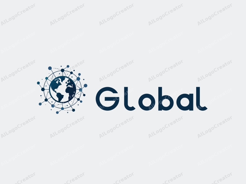 modern minimalist design features a stylized globe, interconnected network lines, and data points, combined with a clean background.