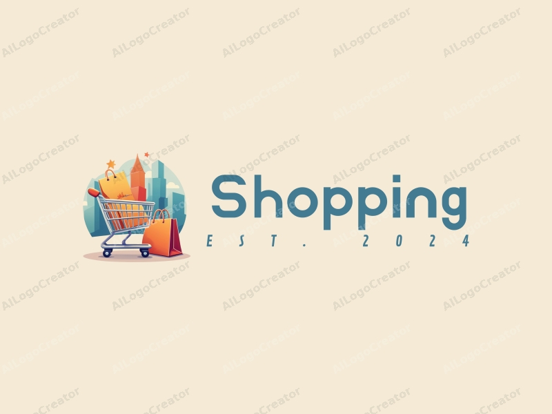 a modern design featuring a colorful shopping cart and shopping bag, combined with a vibrant mall background, emphasizing a clean and harmonious composition.