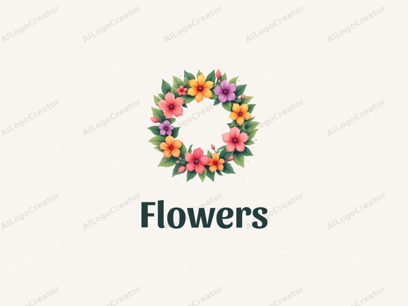 playful design features vibrant flowers and petals arranged in a circular wreath, surrounded by lush green leaves, creating a cheerful and inviting atmosphere with a clean background.