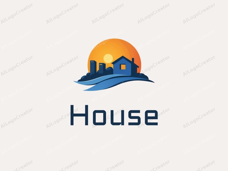 modern design features a stylized house and building silhouette against a sunset backdrop, incorporating a clean and simple composition with a blue color palette.