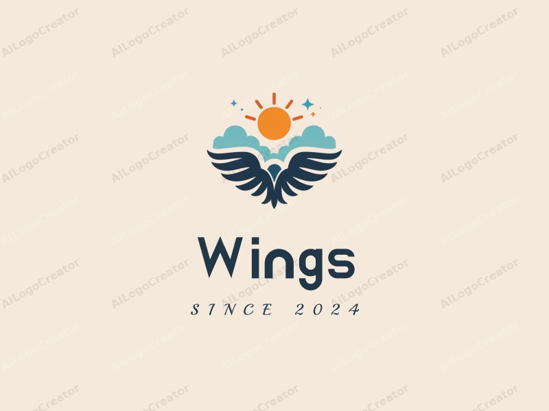 playful design features stylized wings and a flying motif, accompanied by fluffy clouds and a bright sun, combined with a clean background.