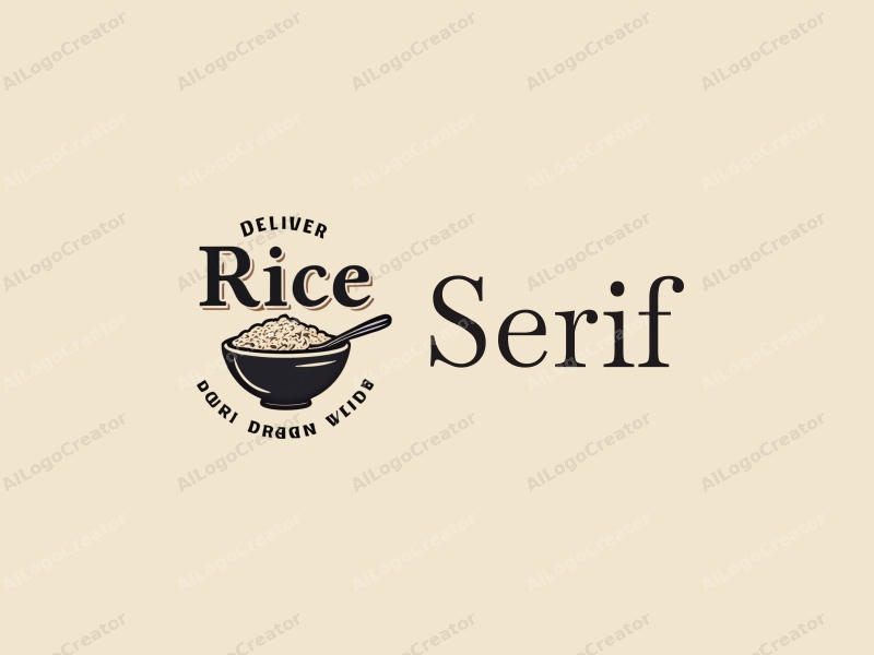 vintage design features elegant serif fonts, a stylized rice bowl with a fork, combined with a clean background.