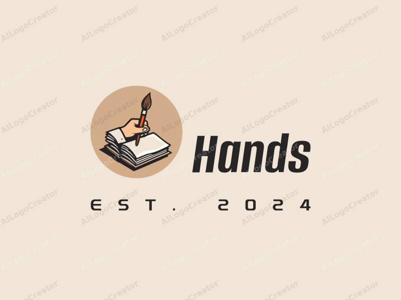 a modern design featuring a hand holding a paintbrush and a book, with a skin tone color palette, combined with a clean and simple background.