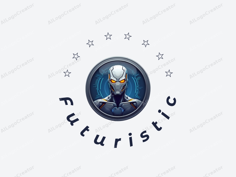 a modern design featuring futuristic elements like a stylized superhero silhouette, cybernetic patterns, and a clean background with silver and blue tones, emphasizing innovation and technology.