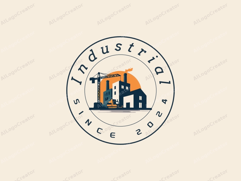 modern design features a stylized factory and machinery, integrated with a crane and building, using a clean and simple composition with a harmonious layout.