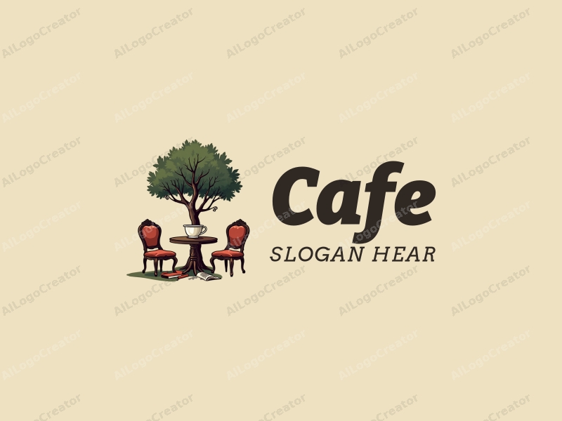 vintage design features a stylized coffee cup, elegant tables and chairs, intertwined with trees and books, combined with a clean background.