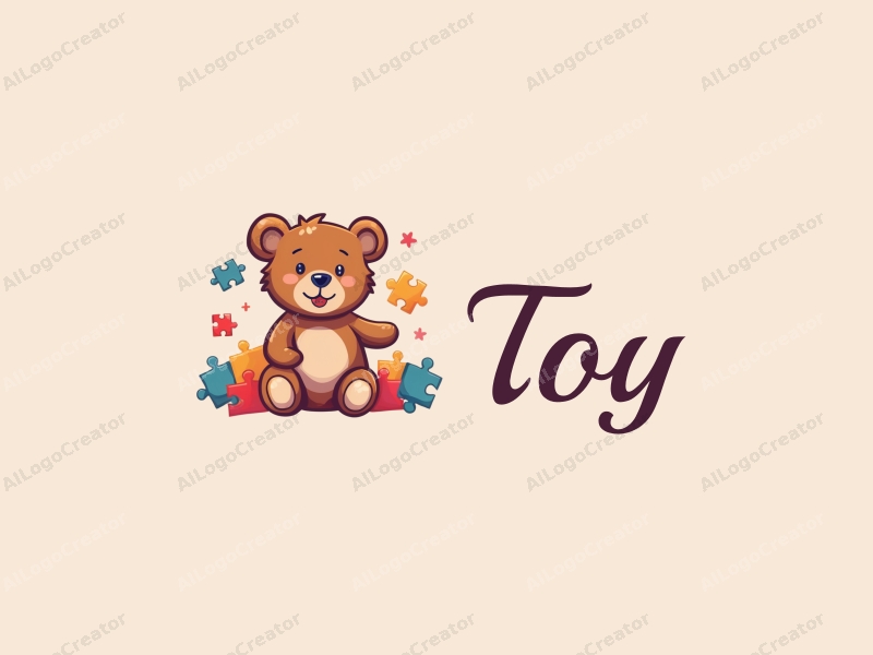 playful design features a stylized teddy bear surrounded by colorful puzzle pieces, combined with a clean background.