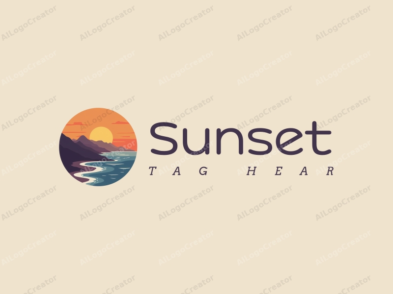 vintage design features a stylized sunset over a serene coastline with mountains in the background, using a harmonious blend of orange and purple colors, combined with a clean and simple layout.