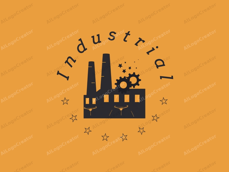 modern design features a stylized factory silhouette, interlocking gears, and triangular shapes combined with a clean background.