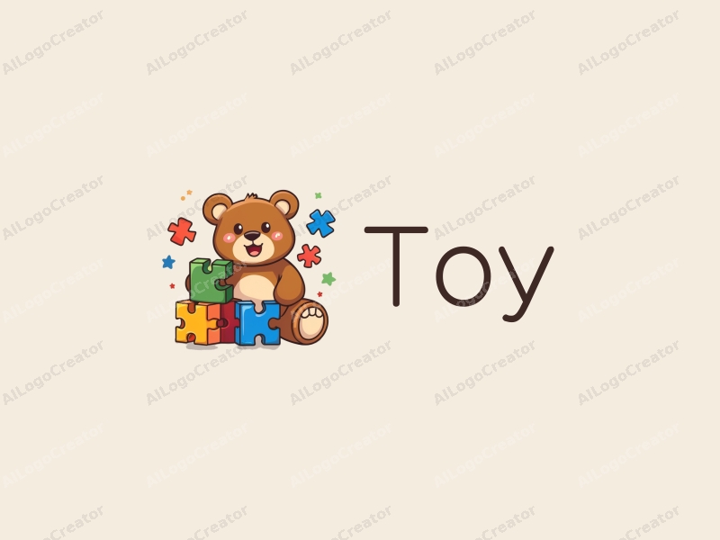 playful design features a stylized teddy bear, colorful puzzle pieces, and building blocks combined with a clean background.