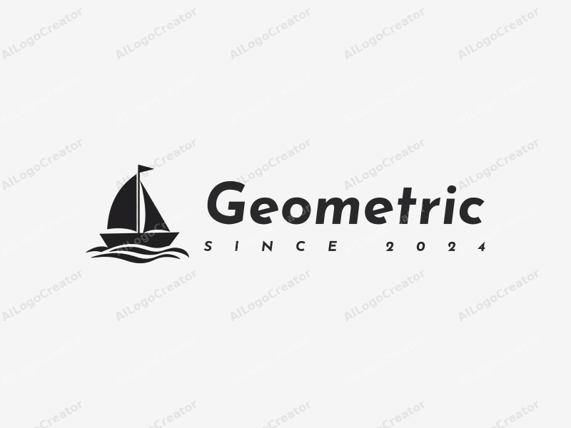 geometric design features a combination of squares and circles, stylized sailboat and flag elements, with a clean black and white color scheme.