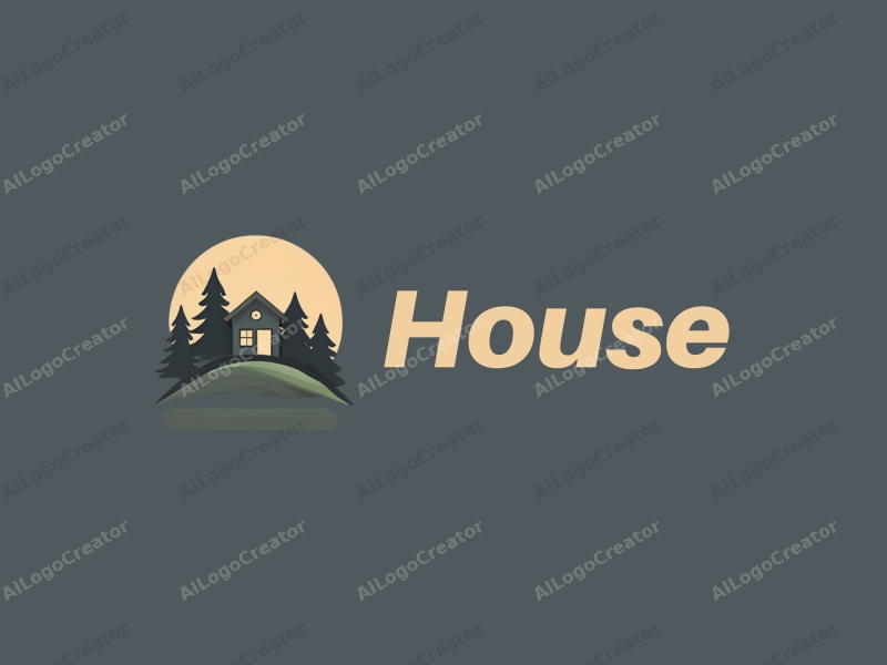 modern design features a stylized house and building silhouette surrounded by a garden with trees, combined with a clean background.