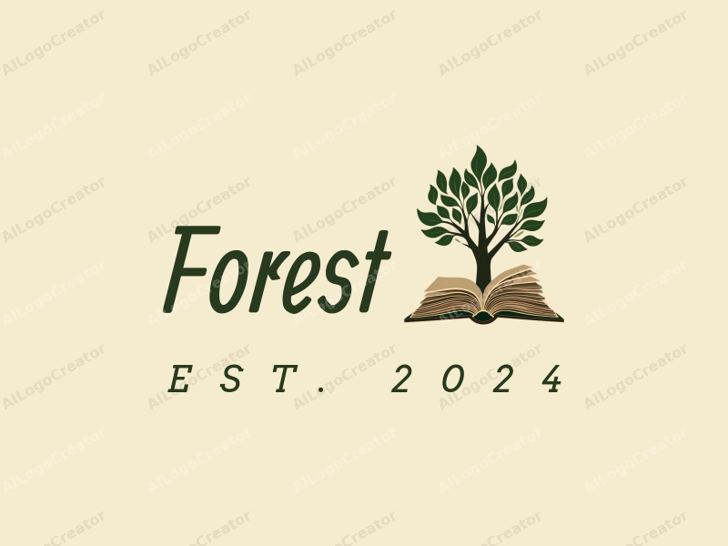 vintage design features stylized trees and leaves intertwined with an open book, creating a harmonious and clean composition that reflects nature conservation and education.