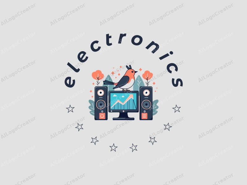 modern design features sleek electronic devices and a stylized computer, combined with a bird and musical note, creating a harmonious and clean composition.