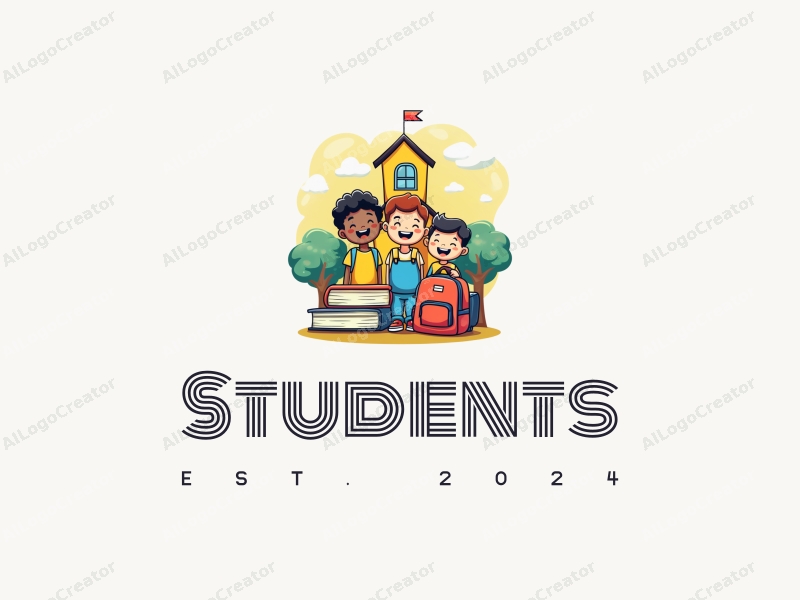 playful design features cheerful students, a stylized school building, books stacked creatively, and a backpack, combined with a vibrant and colorful background.