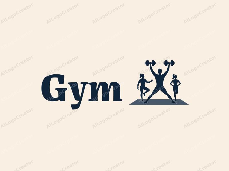 modern design features stylized dumbbells and yoga mats, combined with active individuals in a clean background, emphasizing fitness and movement.