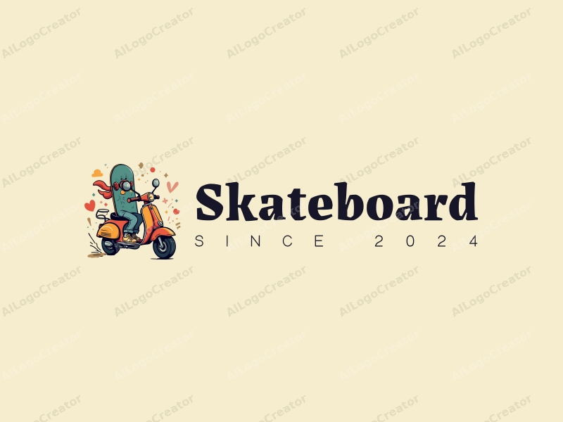 playful design features a vibrant skateboard and scooter intertwined, with dynamic shapes and playful elements, combined with a clean background.