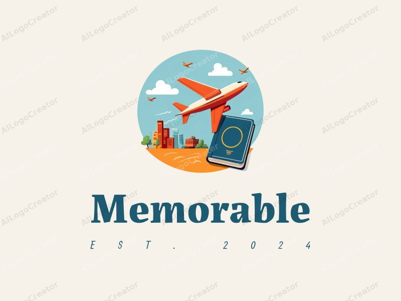 playful design features a stylized airplane and a passport, combined with iconic memories, set against a clean background in blue and orange colors.