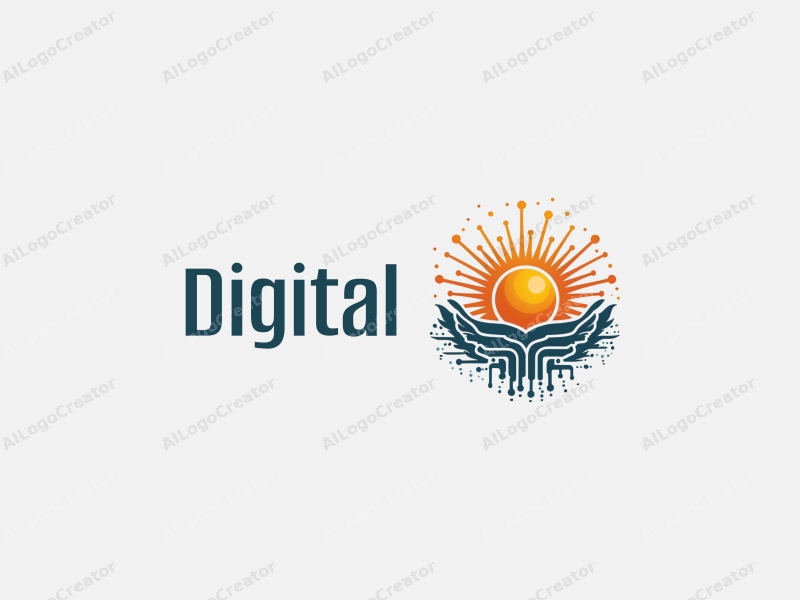 modern design features digital elements like circuits and pixels, a stylized sun emitting rays, combined with a clean background and a harmonious layout.