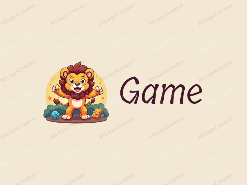 playful design features a vibrant lion character in a wrestling pose, surrounded by colorful game and toy elements, combined with a clean and simple background.