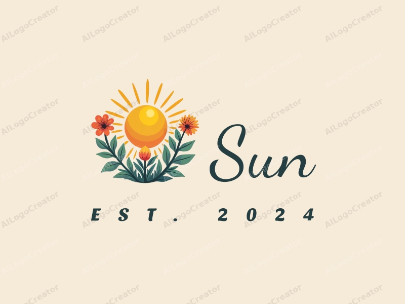 playful design features a bright sun radiating light, surrounded by whimsical flowers and leaves, combined with a clean background.