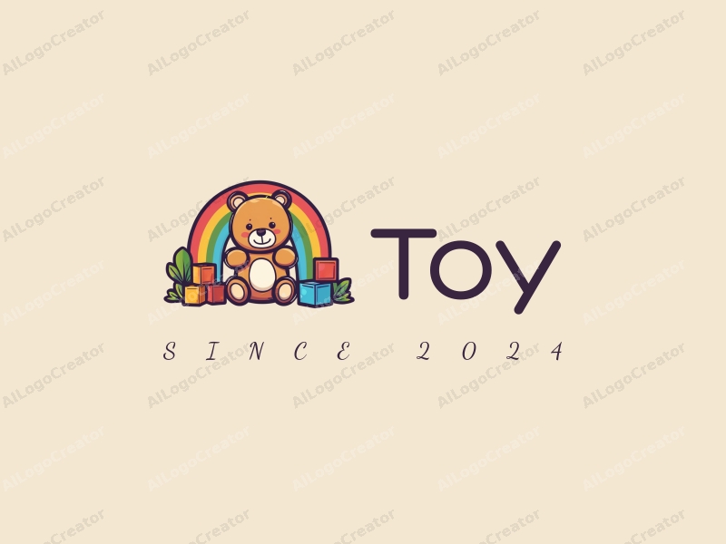 a cute cartoon design featuring a colorful teddy bear, a vibrant rainbow, and playful building blocks, combined with a clean background.