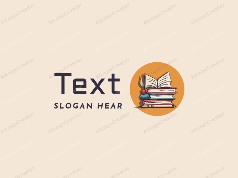 modern design features stylized text and font, an abstract representation of books and a pen, combined with a clean background.