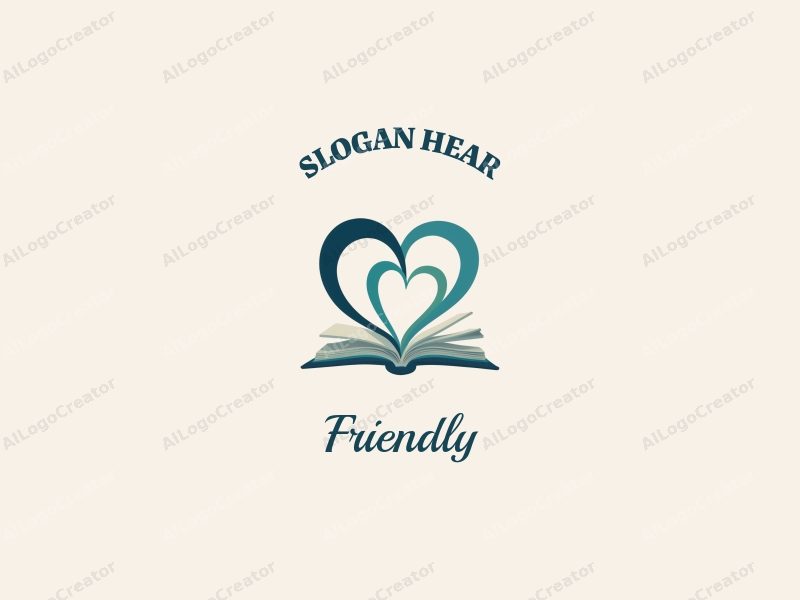 playful design features a heart shape intertwined with an open book, using blue and green colors, creating a friendly and inviting atmosphere with a clean background.