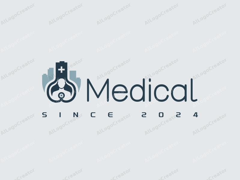 modern design features a stylized hospital silhouette, a doctor figure, a stethoscope intertwined with a heartbeat line, combined with a clean background.