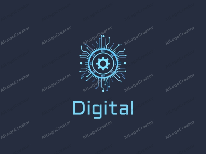 a modern minimalist design featuring digital elements, stylized gears, and circuit patterns, combined with a clean background in blue and black colors.