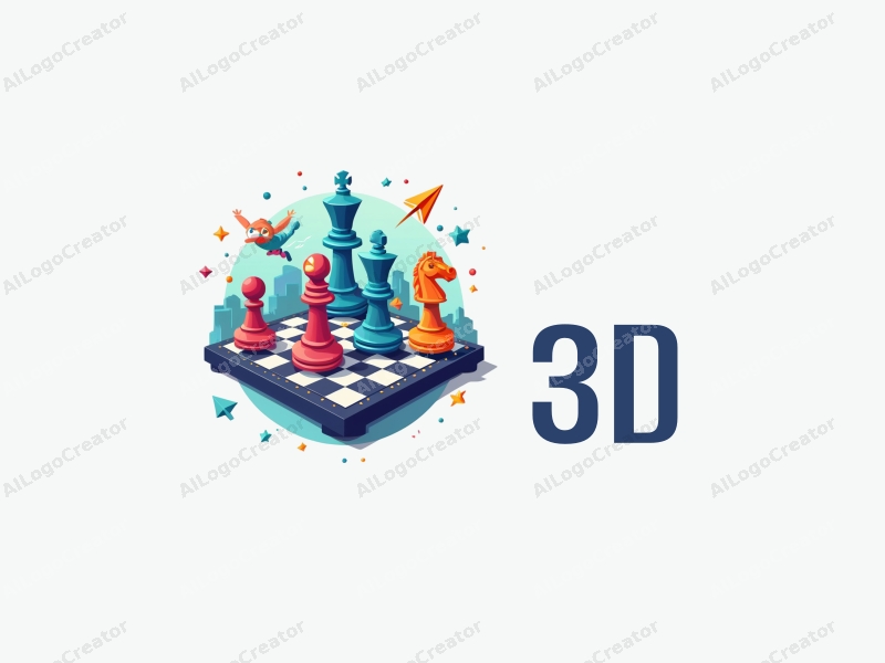 a modern design featuring colorful 3D dynamic elements, a stylized chessboard, and animated characters, combined with a clean background.