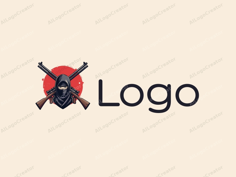 a modern design featuring stylized firearms and ninja elements, combined with a clean background and a harmonious composition.