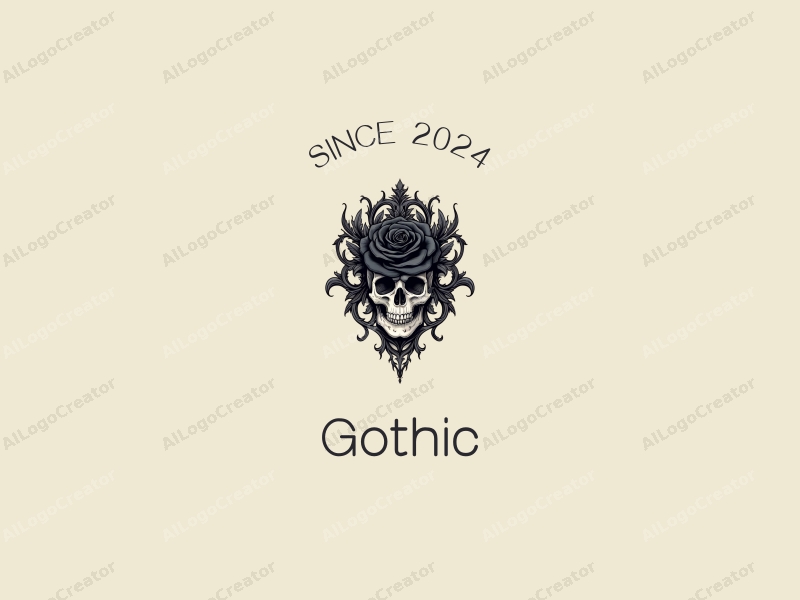 Gothic design features intricate Gothic architecture, stylized Gothic fashion elements, a black rose intertwined with a skull, combined with a clean background.