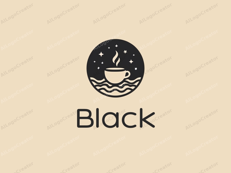 minimalist design features a stylized coffee cup, scattered stars, and a night sky background combined with a clean and simple layout.