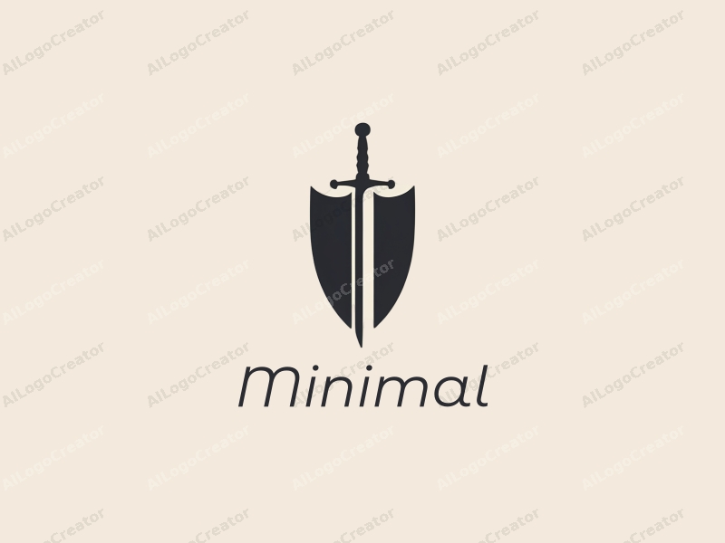 minimalist design features a stylized sword and shield, combined with a tag style approach, set against a clean background.