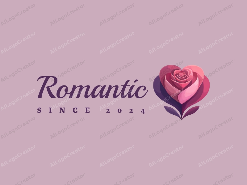 playful design features a stylized rose intertwined with a heart shape, incorporating pink and purple colors, combined with a clean background.