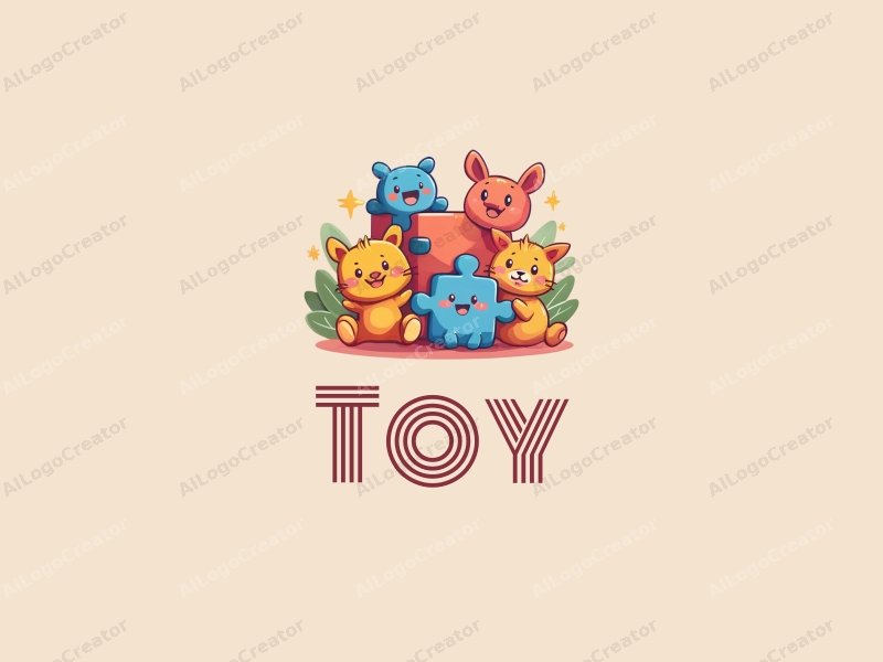 playful design features colorful plush toys and puzzle pieces, combined with a whimsical approach and a clean background.