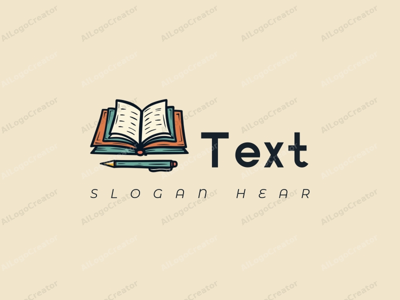 modern design features stylized text and font, an abstract representation of books and a pen, combined with a clean background.