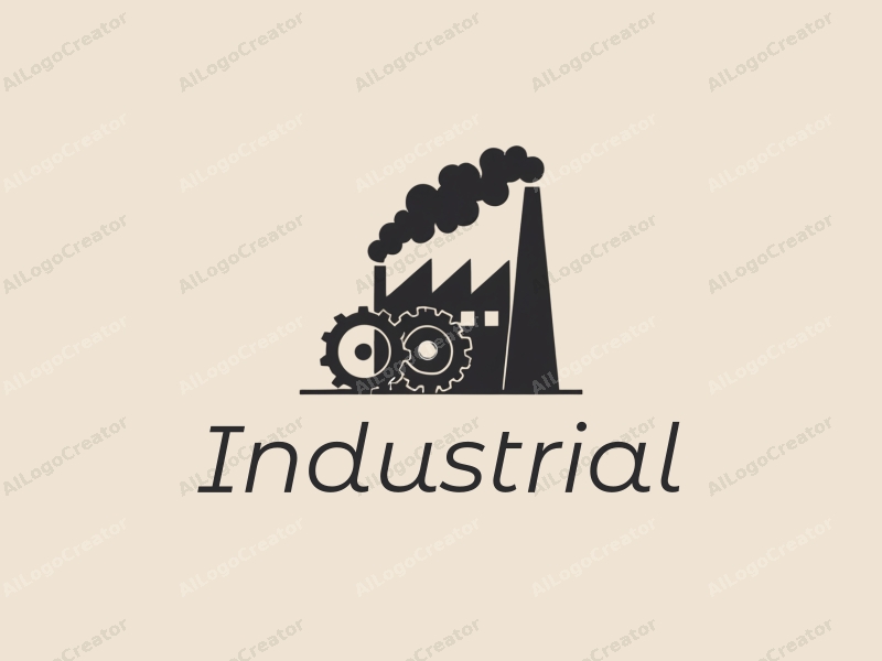 modern design features a stylized factory silhouette, interlocking gears, and a cube structure combined with a clean background.