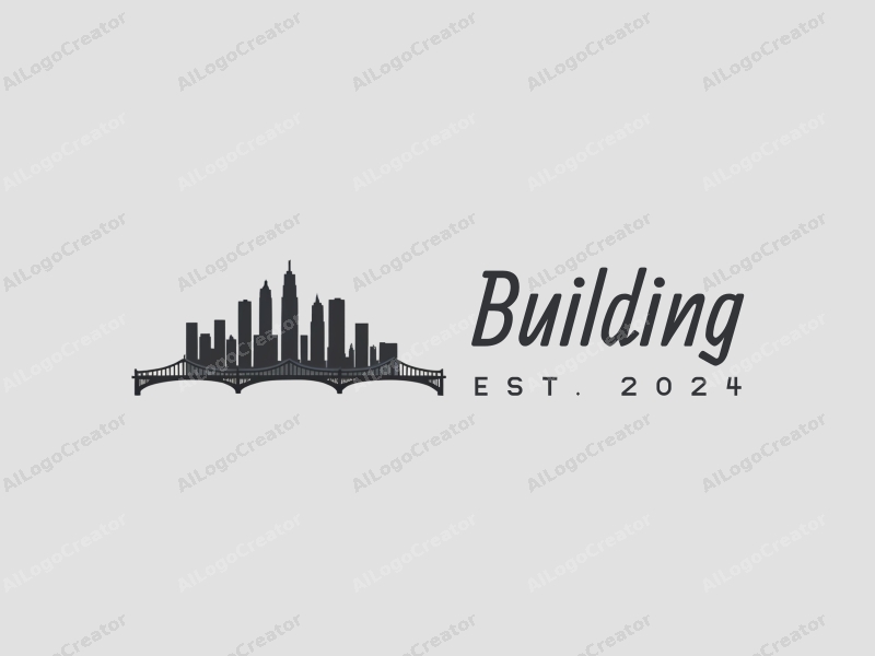 minimalist design features sleek buildings and towers, a stylized bridge silhouette, and a modern design approach combined with a clean gray background.