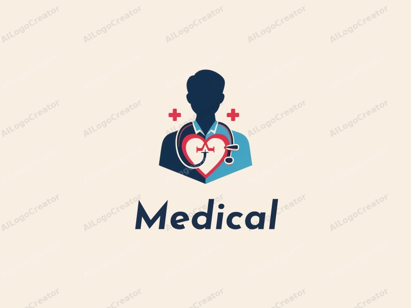 modern design features a stylized hospital silhouette, a doctor figure, a stethoscope intertwined with a heart, combined with a clean background.