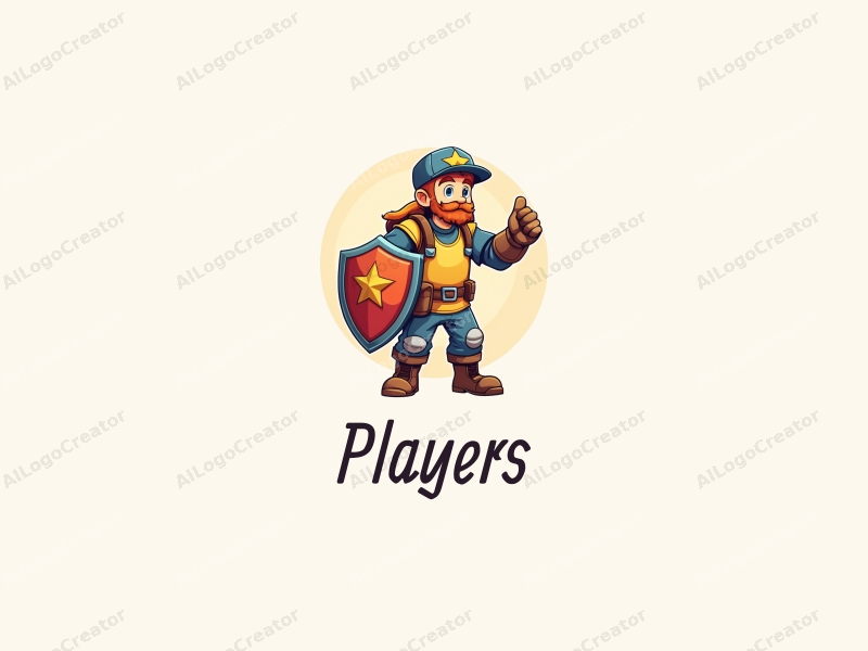 playful design features a vibrant player character holding a shield, with a whimsical and colorful aesthetic, combined with a clean background.