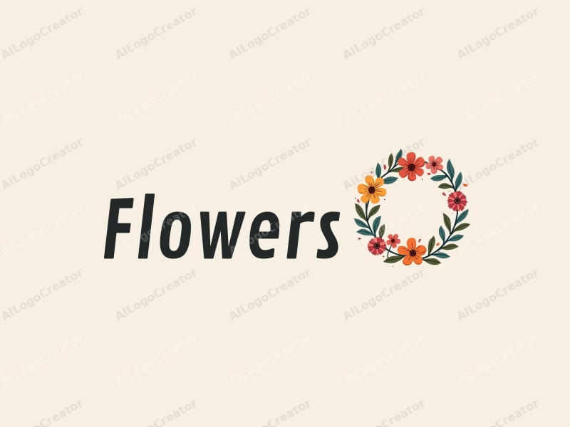 playful design features vibrant flowers and petals arranged in a circular wreath, complemented by playful leaves, all set against a clean background.