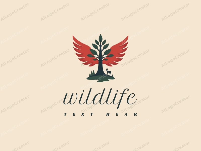 playful design features a stylized tree with red wings, incorporating elements of wildlife and natural landscapes, combined with a clean background.