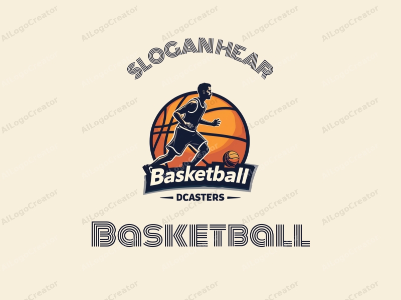 playful design features a stylized basketball, an athlete in motion, and a basketball court background combined with a clean and simple layout.