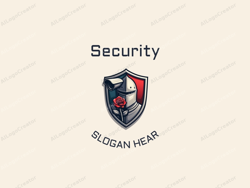 modern design features a stylized shield and surveillance camera, combined with a knight and rose, using a clean background and a harmonious composition.