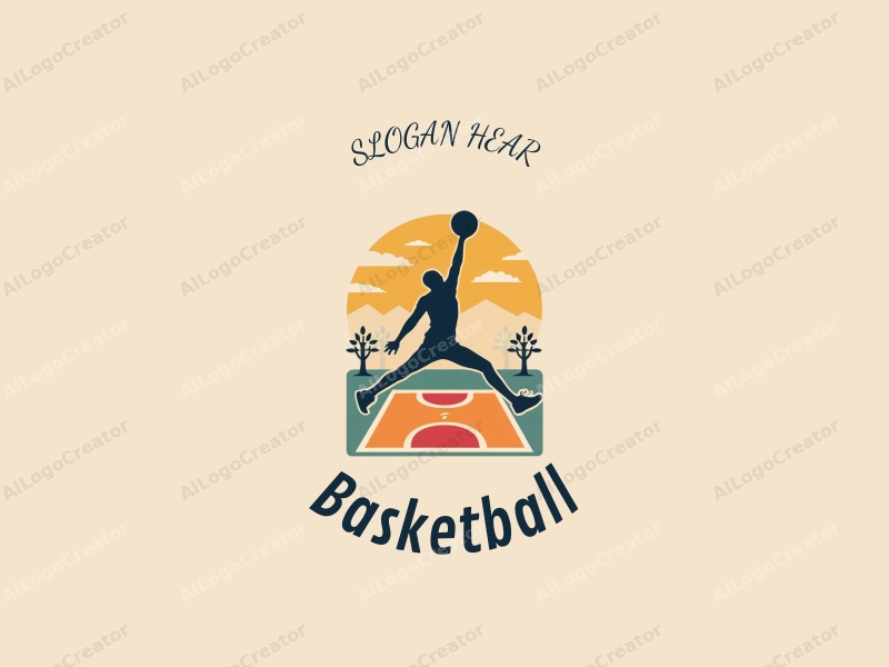 playful design features a dynamic basketball silhouette, an athlete in mid-dunk, and a stylized court layout combined with a clean background.