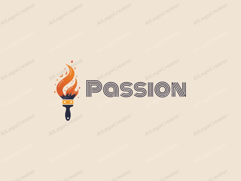 playful design features a dynamic paintbrush intertwined with a flame, symbolizing passion and enthusiasm, combined with a clean background.