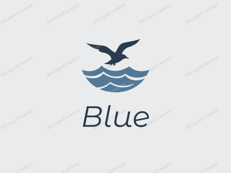 minimalist design features a stylized seagull soaring above gentle waves, with a clean blue background representing the ocean and sky, creating a harmonious and simple composition.