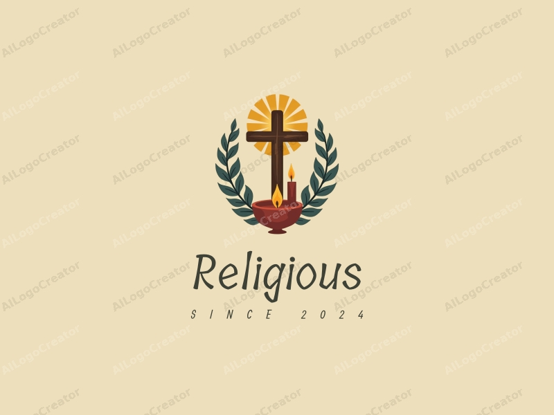 vintage design features a stylized cross, a golden halo, and a festive candle, combined with a harmonious and clean background.